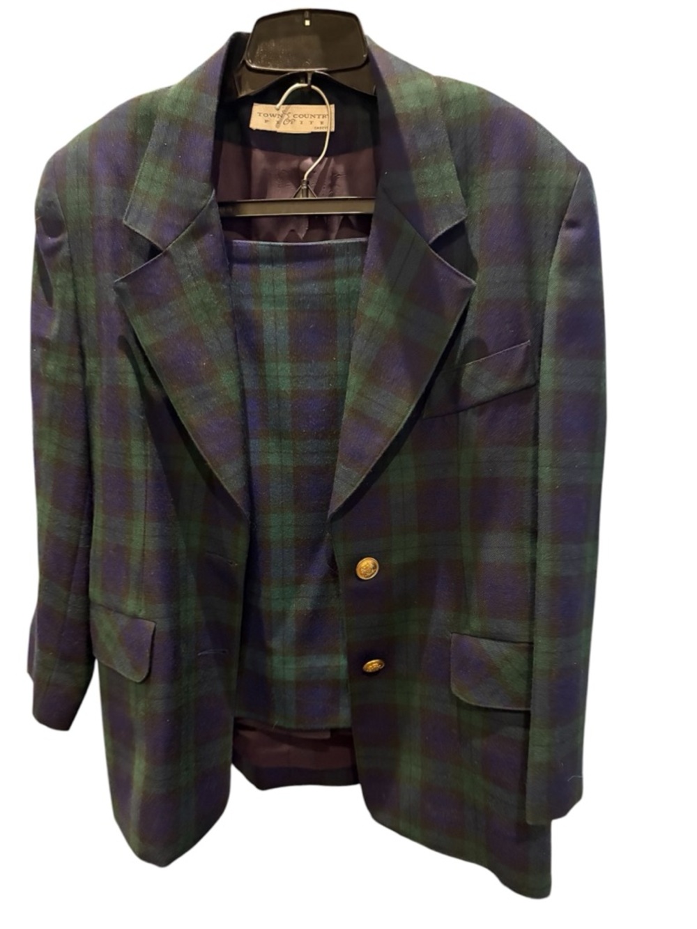 Vintage women’s Town & Country Plaid Blazer&Skirt - Green & Navy. Petite, size 6